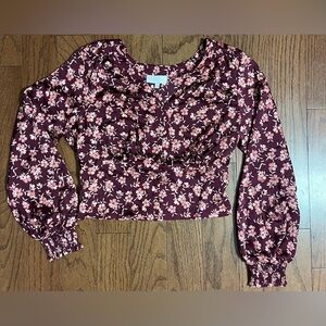 Red floral long sleeve top with V neck